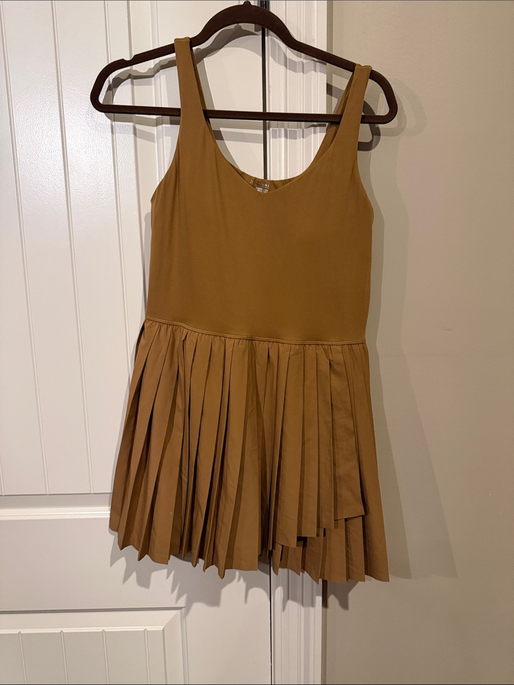 aerie Pleated Mini Dress in Mustard Brown